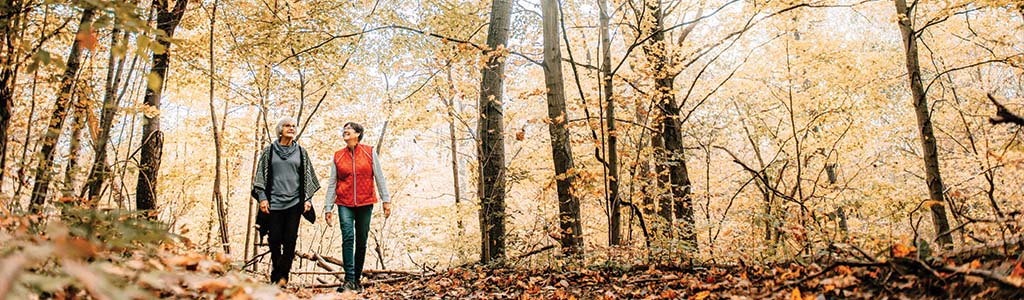 Two elderly omen walking in a trail 